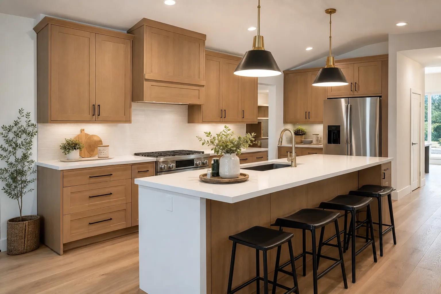 Large open-concept kitchen with a central island and walk-in pantry in a remodeled Boise home