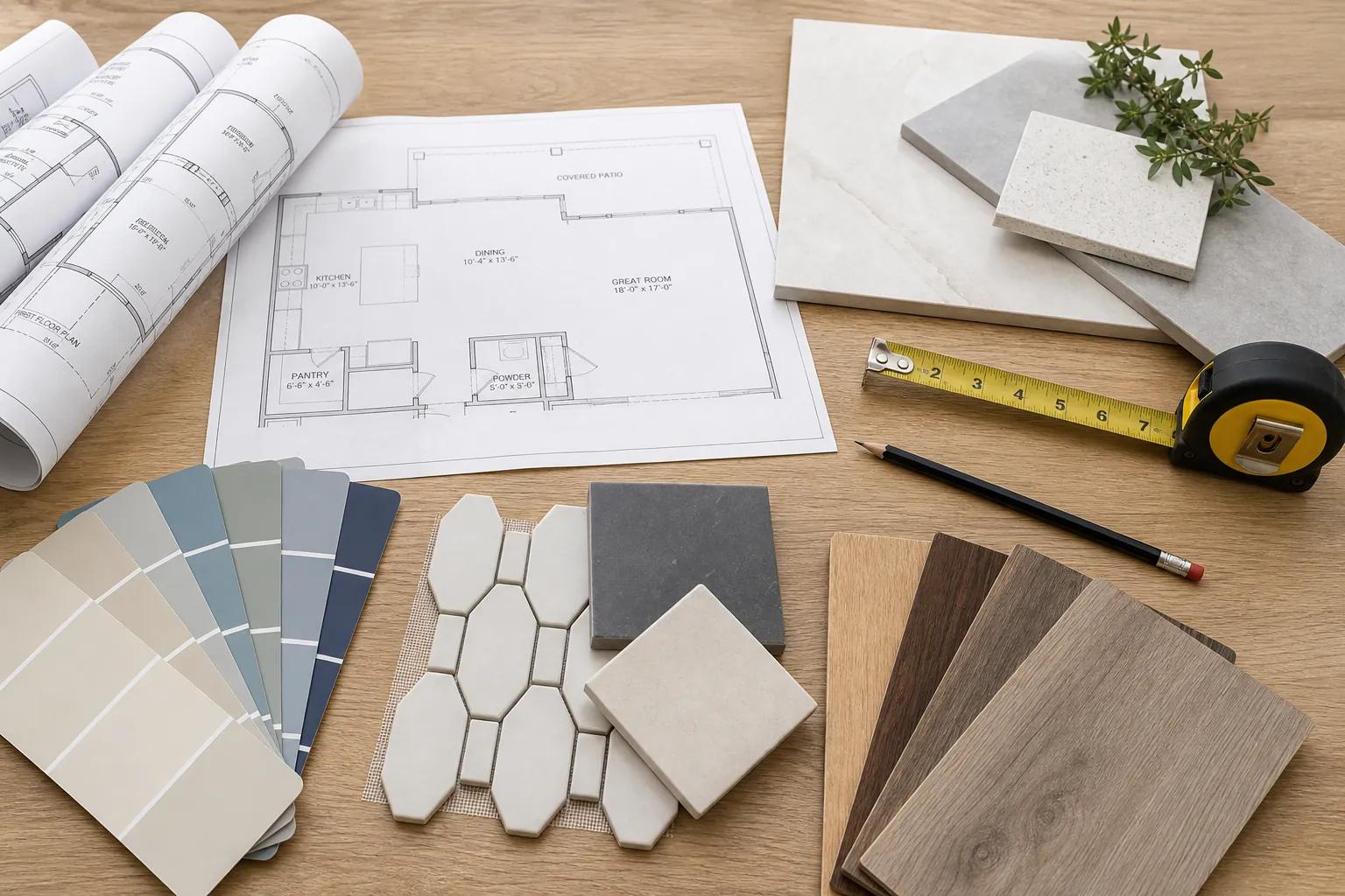 Architectural blueprints and finish material samples for a Treasure Valley remodel