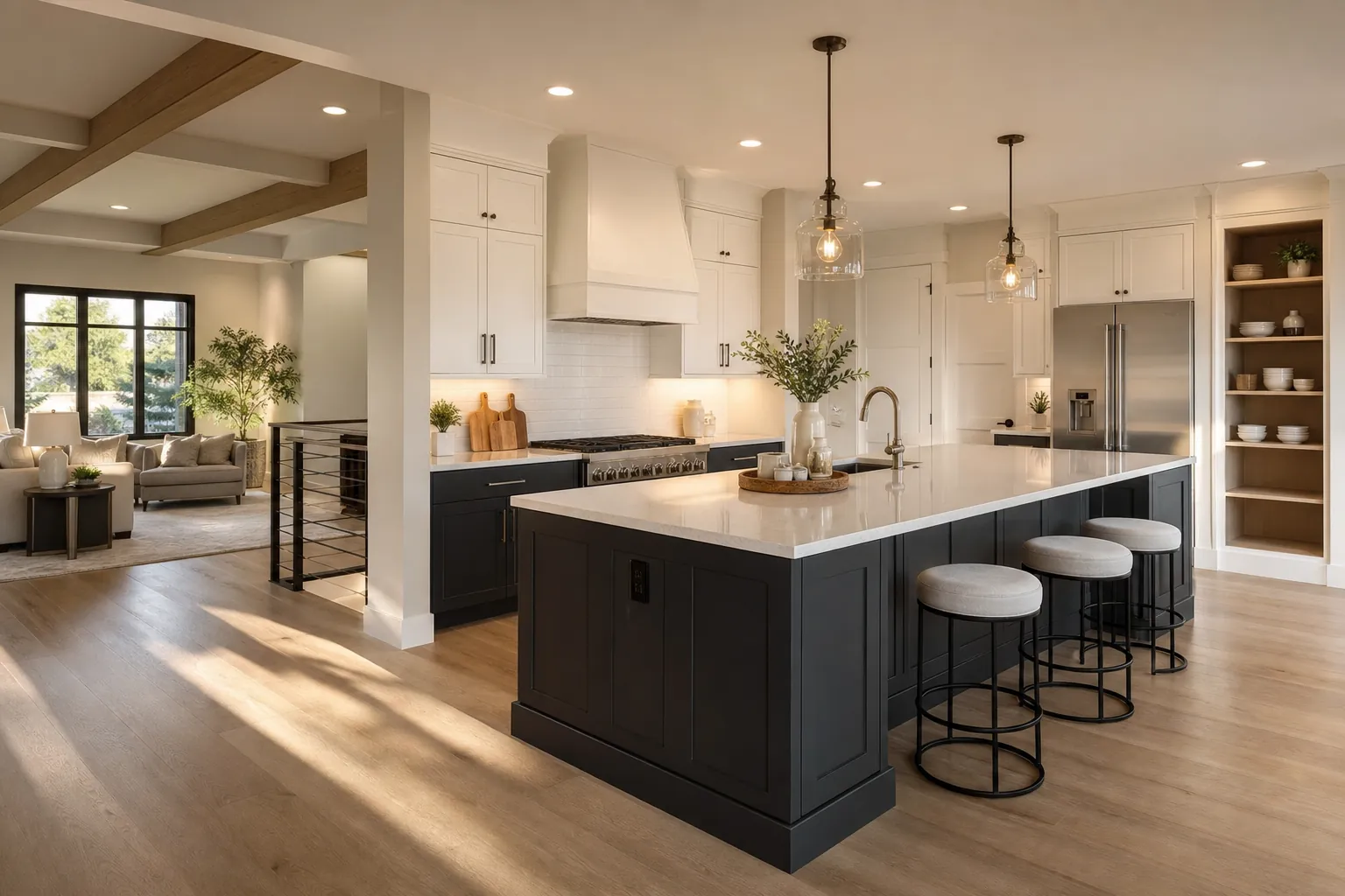 Open kitchen and living space with warm wood and stone